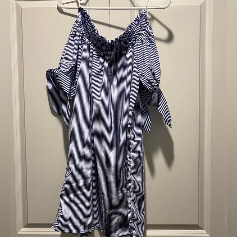 Agaci Blue and White Striped off the shoulder dress